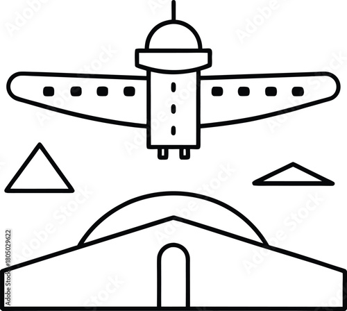 Airplane Landing at Airport Minimal Line Art Vector Illustration