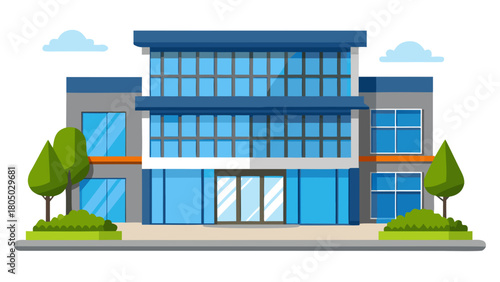 Modern office building exterior with large glass windows and blue accents on a clear day