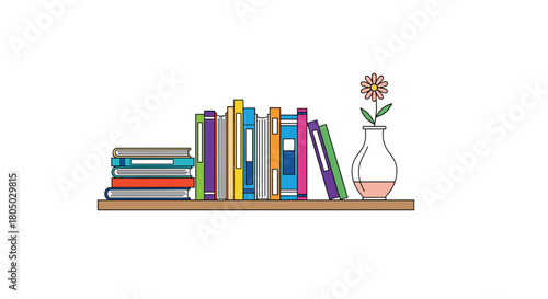 A shelf displays a stack of colorful books and a vase with a single flower, creating a cozy and inviting atmosphere.