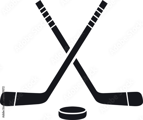 Two crossed hockey sticks and a puck on white background Keywords: hockey, ice hockey, sticks