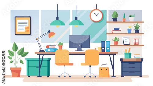 Modern home office workspace with computer desk chairs plants and shelves filled with books and decor