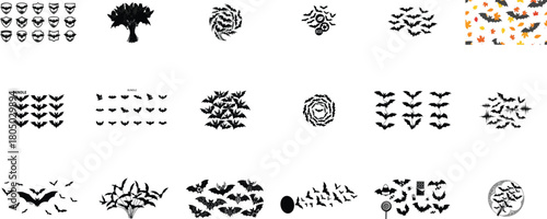 Flying bats and autumn leaves black