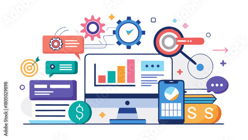 Digital marketing strategy with data analysis and growth metrics on computer and mobile devices