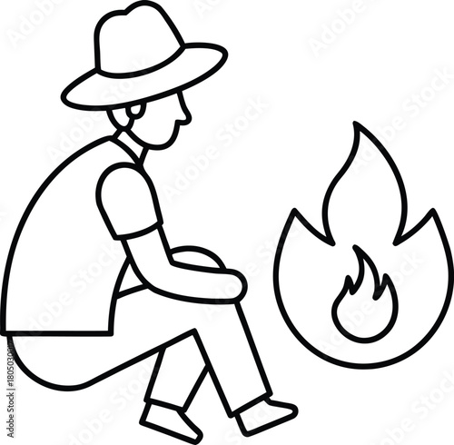 Traveler Sitting by Campfire Minimal Line Art Outline Design