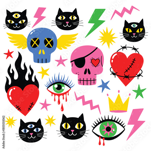 Whimsical Tattoo Flash Sheet: Colorful Black Cats, Hearts, Skulls, Eyes, and Stars in a Cartoon Style Isolated on White Background