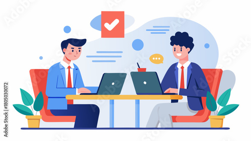 Two smiling businessmen in suits working on laptops at a table with plants and a checkmark icon above them