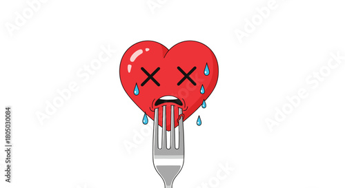 A cartoon heart with x's for eyes and sweat drops is speared by a fork.