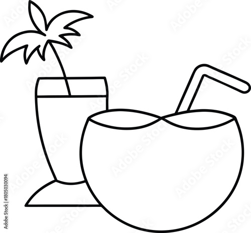 Tropical Fruit Drink on Beach Minimal Line Art Vector Illustration