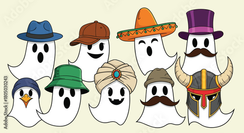 A group of cartoon ghosts dressed in various hats and costumes celebrating Halloween or a costume party.