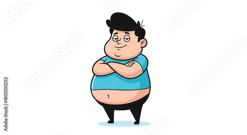 A cartoon drawing of a chubby man with dark hair and a blue shirt standing with his arms crossed.