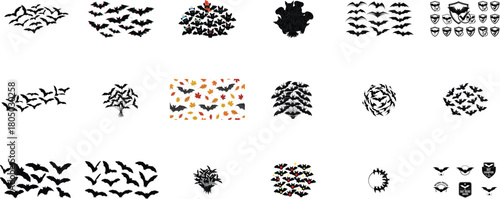 Flying bats and autumn leaves flock swarm