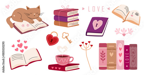 Romantic set with books, cat, hearts, tea cup, flowers. Design for Valentine day, book lovers, reading blogs, stickers, planner, greeting cards. Vector illustration