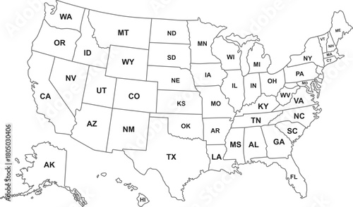 Detailed black and white map of the United States of America with 50 states and two-letter abbreviations for easy identification, educational resources, geographic projects,
