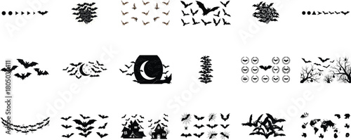 Flying bats moon crescent haunted houses vector