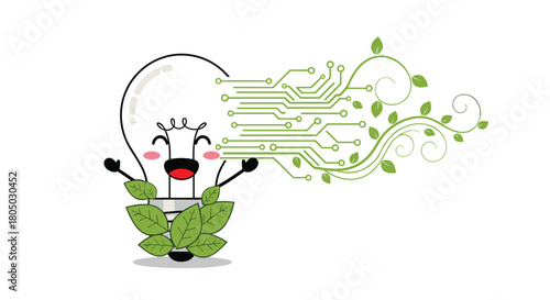 Cute light bulb character with leaves and circuit board pattern signifying green technology.