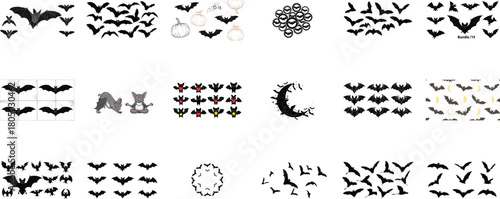 Flying creatures and pumpkins bats silhouettes