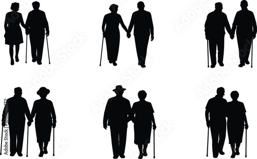 Silhouettes of elderly couples walking with canes, senior people holding hands, retirement age support, aging healthcare, family love illustration