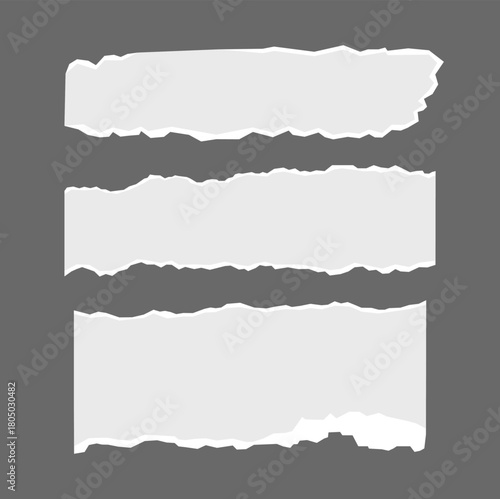 Three isolated pieces of torn white paper with irregular edges, an element to add realistic texture to your digital designs, a frame or decorative element for notes and reminders