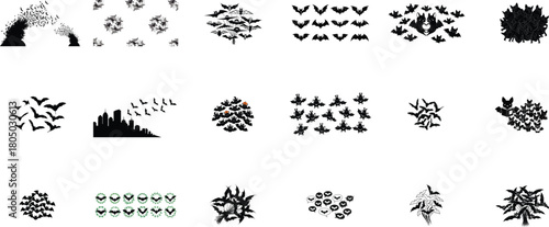 Bat silhouettes flying and clustered group