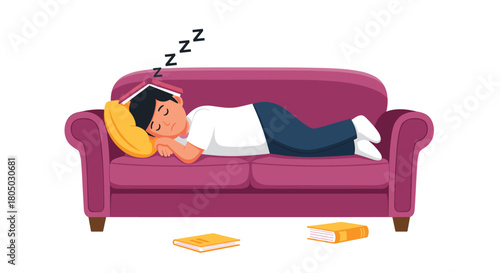 Tired student sleeping on a couch with a book on their head and Zzz's above.