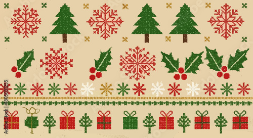 Delightful cross stitch holiday pattern featuring festive trees, snowflakes, holly, and gift boxes perfect for seasonal crafts and decorations