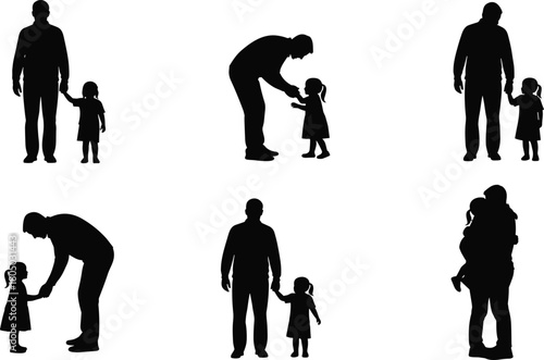 Silhouettes of father holding hands and caring for daughter, family love bonding, parent and child relationship illustration for parenting and childcare design