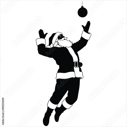 Santa tossing ornament ball in high-arc serve motion with clean graphic lines and festive energy in vector silhouette