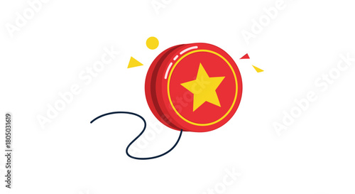 A red yo-yo with a yellow star in the center and a black string, against a white background with colorful confetti.