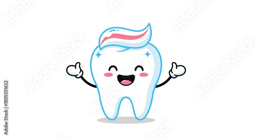Cute cartoon tooth with toothpaste and thumbs up, representing dental hygiene.