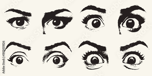 Collection of eight black and white comic style eyes showing various expressions of surprise and shock
