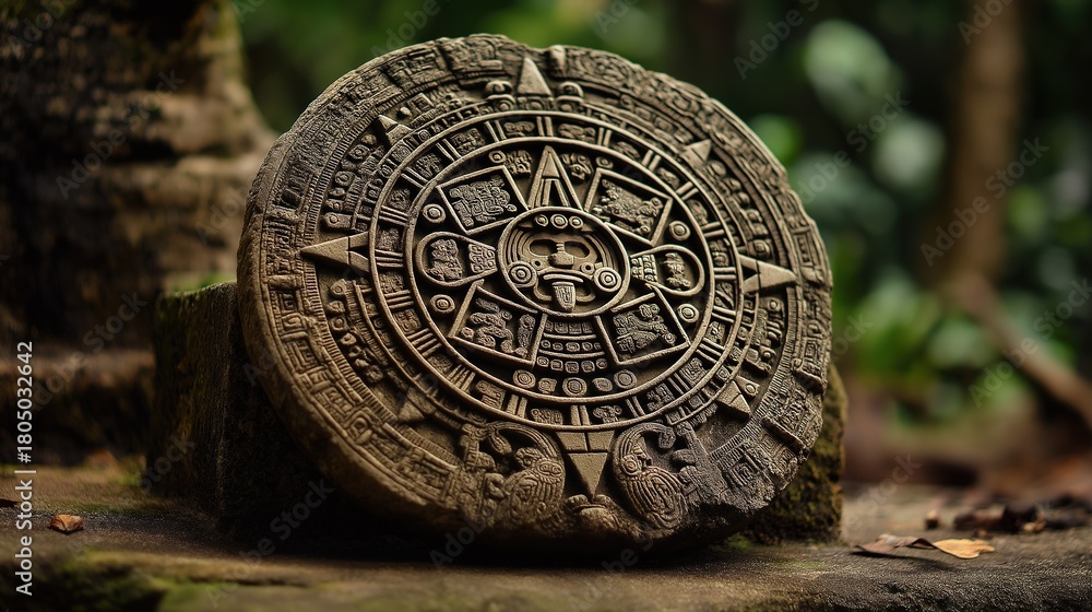 Obraz premium Ancient Aztec Sun Stone Resting Among Ruins
