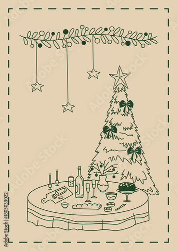 Vector greeting card with table, garland, stars and Christmas tree in doodle style. Holiday dinner with bottle, glass, food, vase in green color.