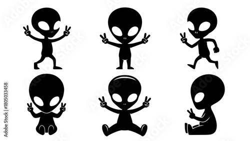 Alien silhouettes with peace signs isolated on white background