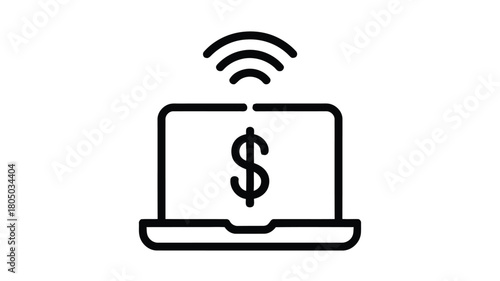 Online Banking Laptop Icon — Dollar Sign, Internet Finance, Wireless Payment, Minimalist Vector

