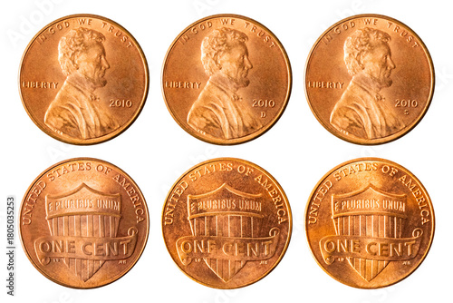 Isolated photo of 1 Lincoln shield cent USA 2010 P, D and S coins on white background.