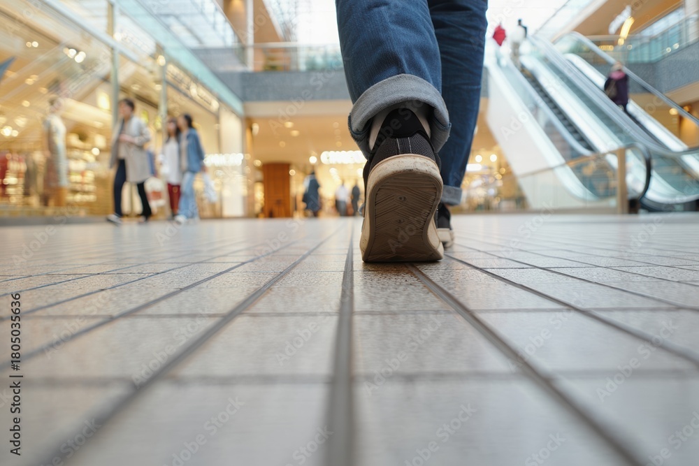 Fototapeta premium Single shopper's sneaker crosses terrazzo floor in a bright shopping mall