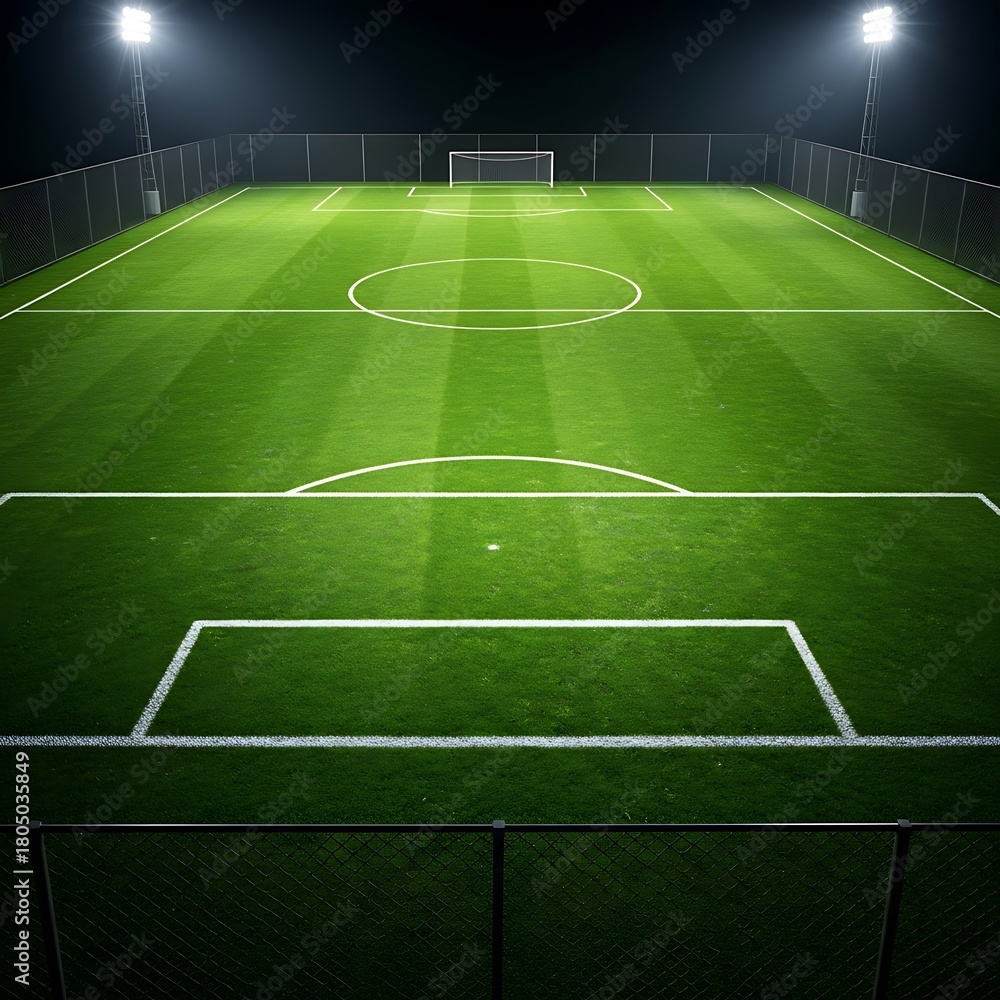 Fototapeta premium Illuminated Soccer Field at Night with Goal and Floodlights