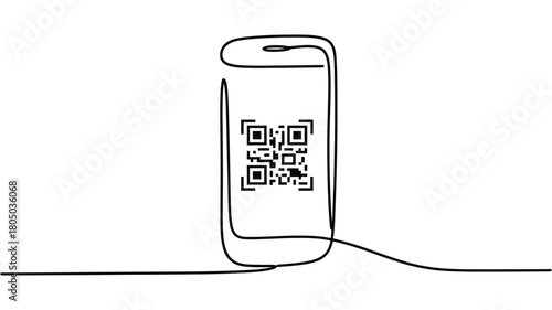 Continuous Line Drawing Phone with QR Code — Minimalist Mobile Payment, Scan App, Digital Transaction Icon

