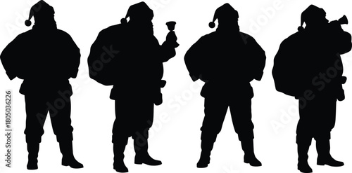 Four silhouette figures of santa claus standing in a row holding gifts and a bell