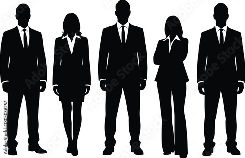 Diverse group of five business professionals standing together in silhouette against a white background