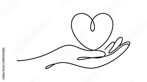 Continuous Line Drawing Hand Holding Heart — Minimalist Love, Care, Charity, Support Concept Icon