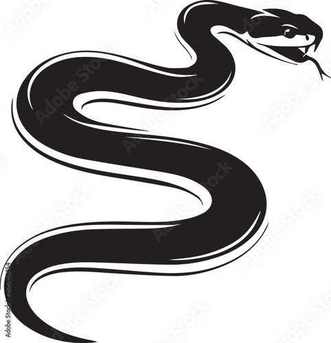 Stylized black serpent silhouette moving in s shape with open mouth and flicking tongue