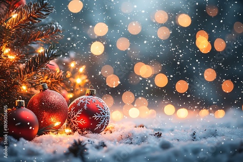 Soft blue holiday background with frosted pines and golden decorations banner