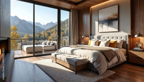 Luxury bedroom with mountain view. Large windows show autumn forest and peaks. Fireplace and modern decor create cozy atmosphere in spacious master suite.