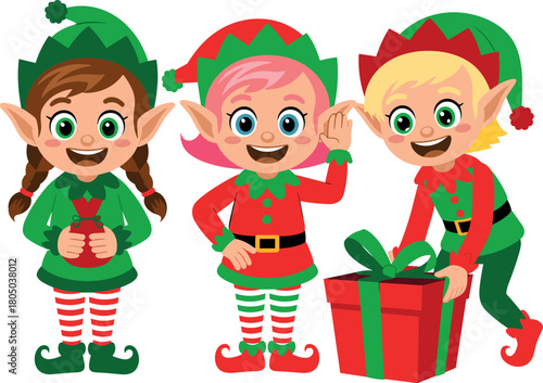 Three cartoon elves with gifts and presents christmas
