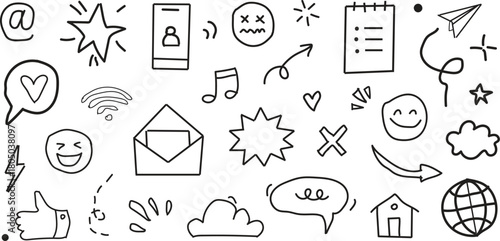 Hand Drawn Social Media and Communication Doodle Icons Vector Set