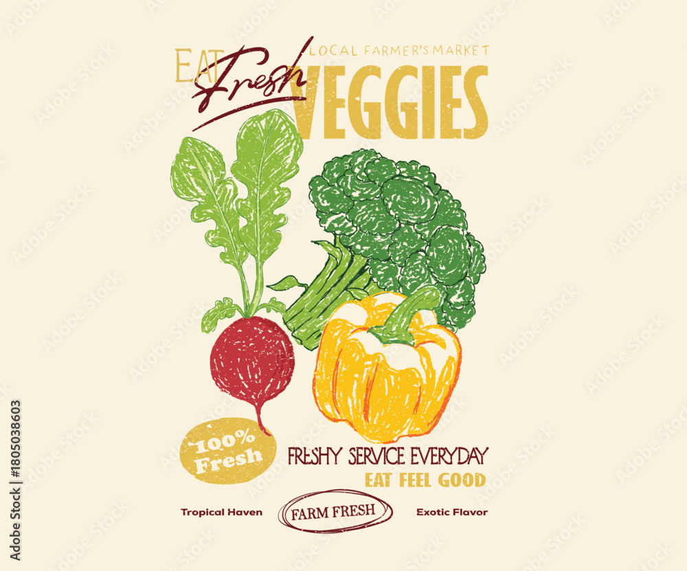 Fototapeta premium Eat fresh vegetable. Local vegetable market artwork for t shirt print, poster, sticker and other uses. Vegetable love club. Organic vegetable farm.