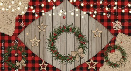 Cozy rustic Christmas scene with festive pine wreaths, warm string lights, wooden stars, and classic buffalo plaid fabric.