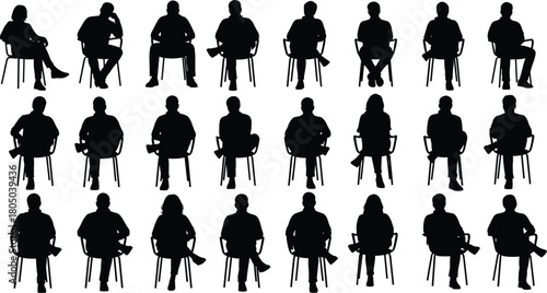 Silhouettes of people sitting on chairs, diverse seated pose collection for business interview, waiting room, office meeting and lifestyle design