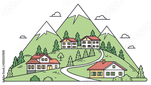 “Top 25 mountain towns in alpine layout, crisp vector”